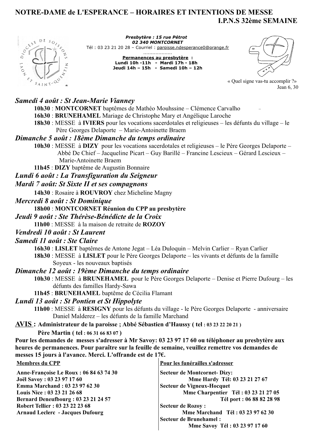 NOTRE-DAME De L'esperance – HORAIRES ET INTENTIONS DE MESSE I.P.N.S 32Ème SEMAINE