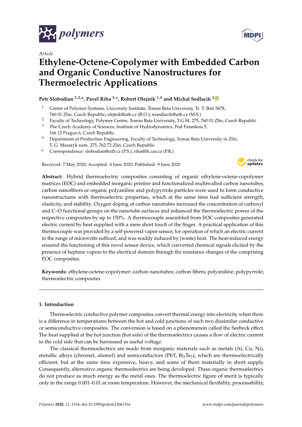 Ethylene-Octene-Copolymer with Embedded Carbon and Organic Conductive Nanostructures for Thermoelectric Applications