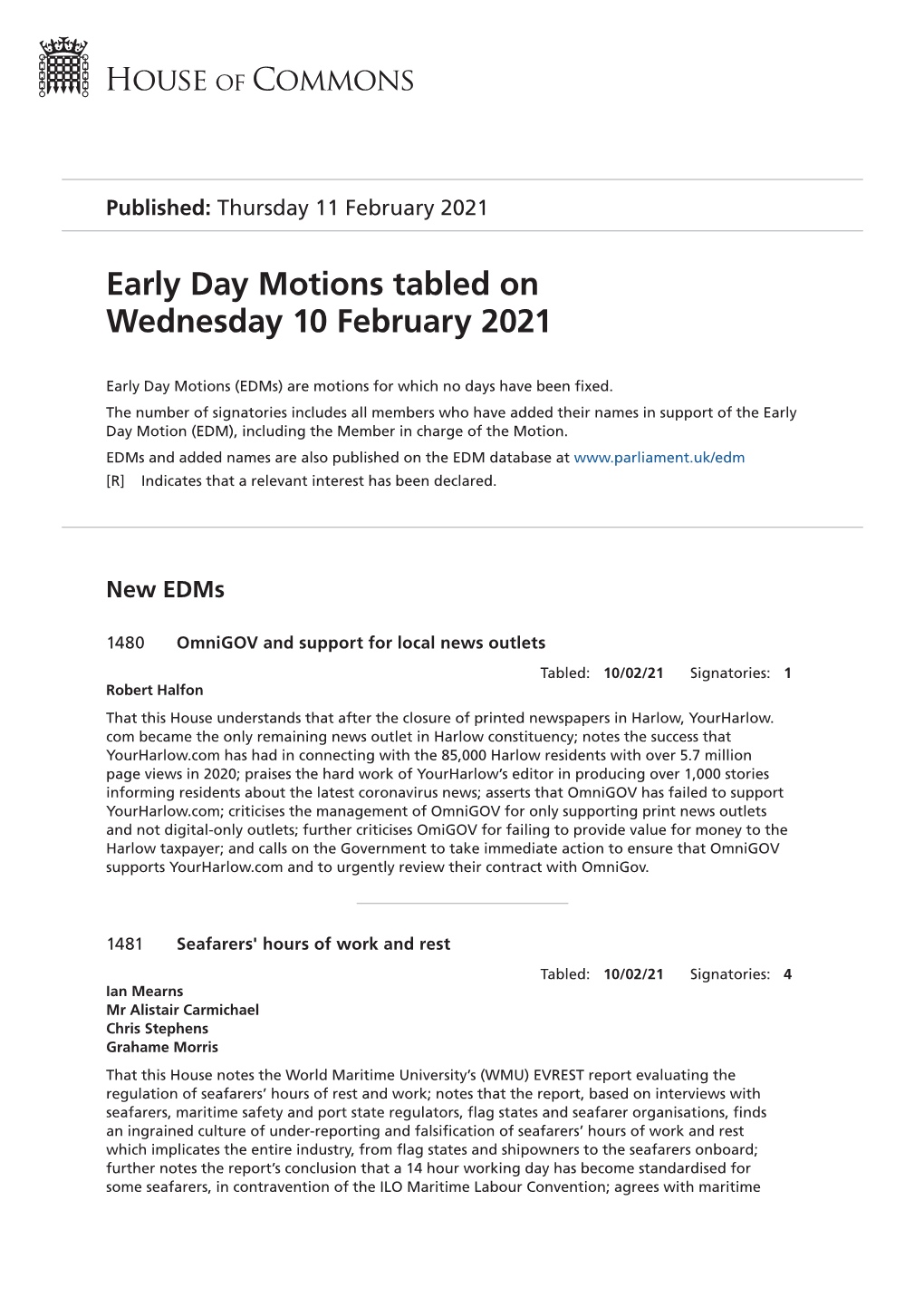 View Early Day Motions PDF File 0.12 MB