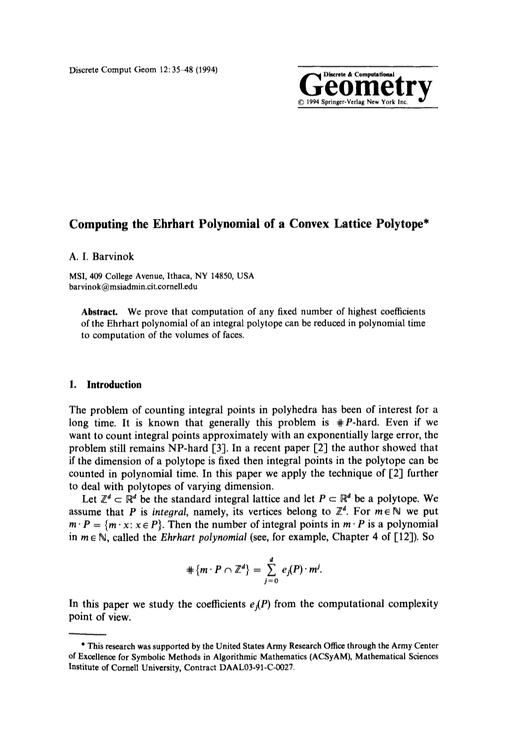Computing the Ehrhart Polynomial of a Convex Lattice Polytope*