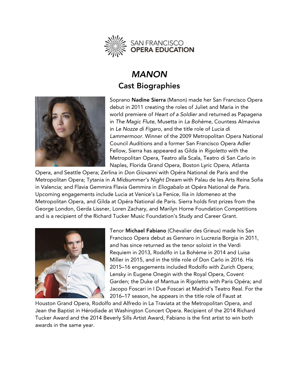 MANON Cast Biographies