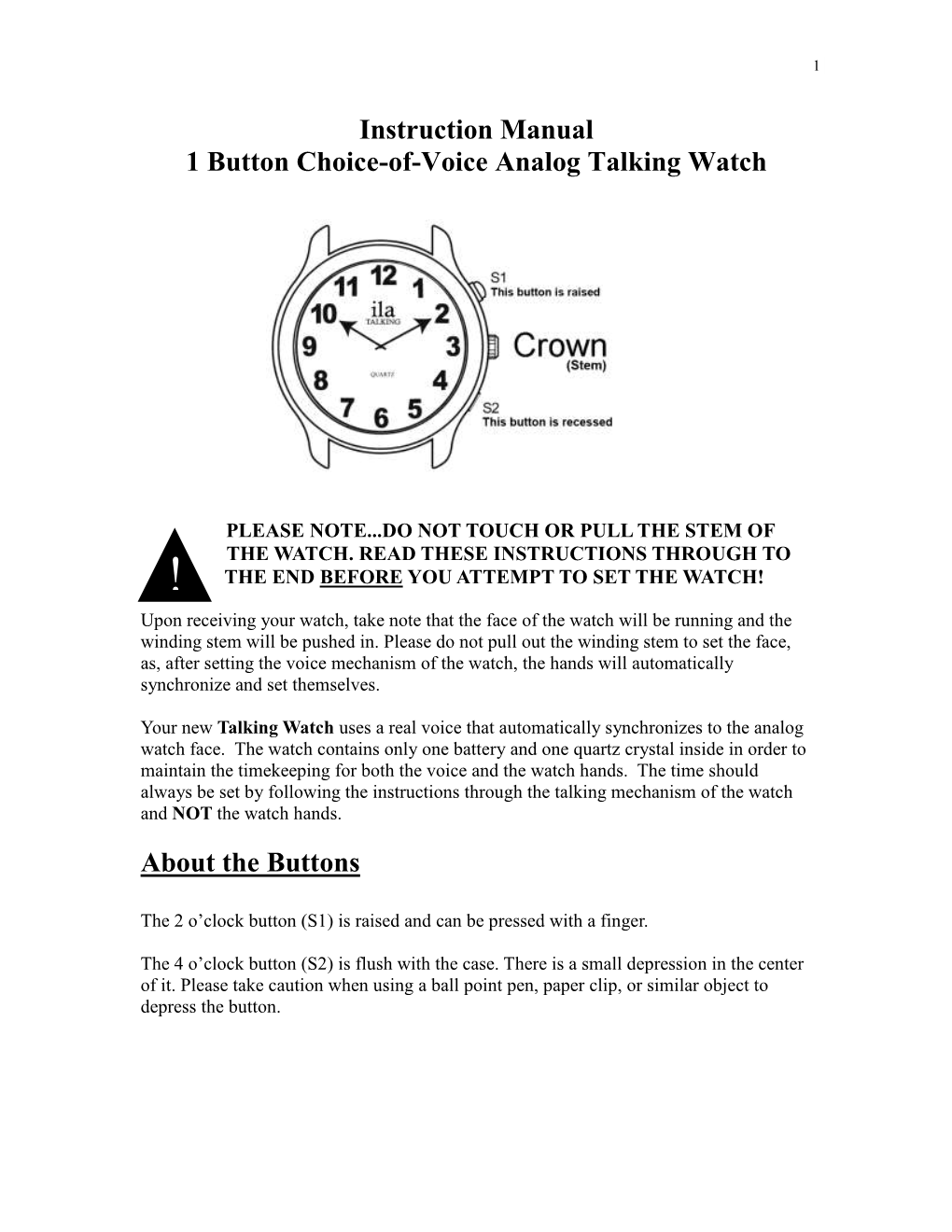 Instruction Manual 1 Button Choice-Of-Voice Analog Talking Watch