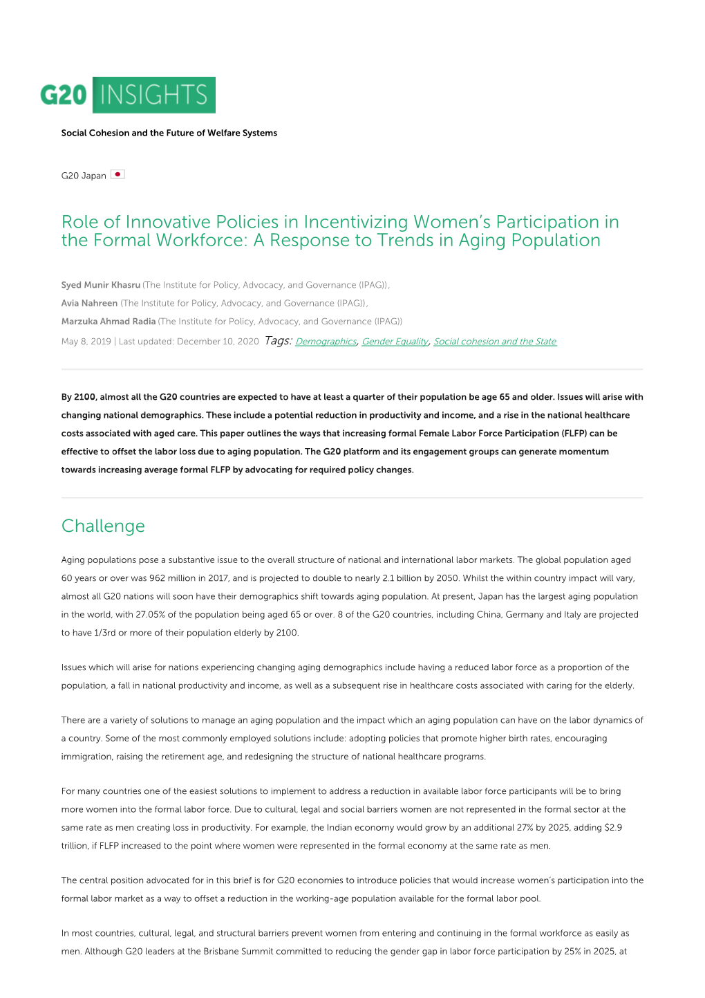 Role of Innovative Policies in Incentivizing Women's Participation in the Formal Workforce: a Response to Trends in Aging Popu