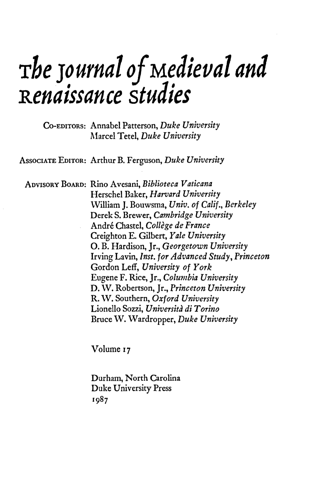 The Journal of Medieval and Renaissance Studies