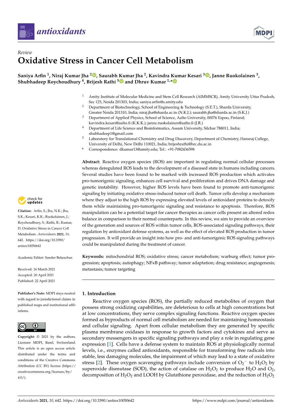 Oxidative Stress in Cancer Cell Metabolism