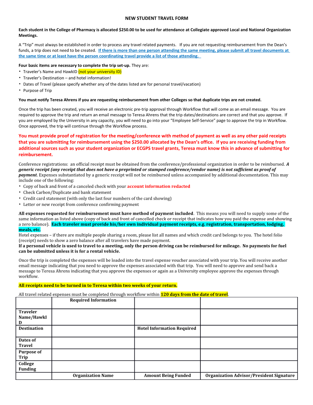 New Student Travel Form