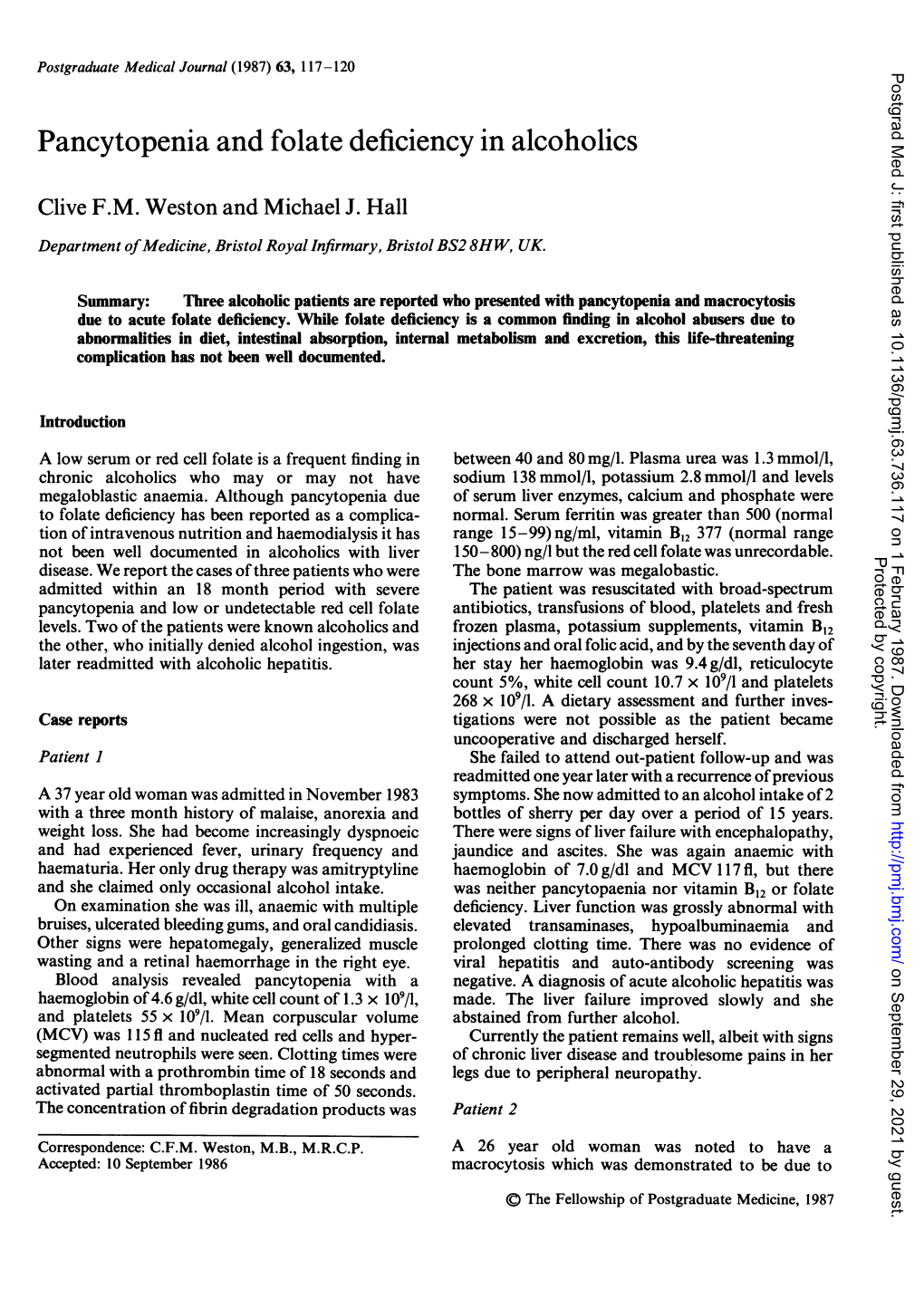 Pancytopenia and Folate Deficiency in Alcoholics