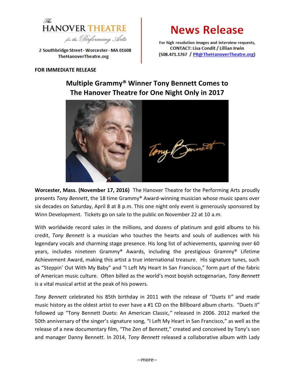 Multiple Grammy® Winner Tony Bennett Comes to the Hanover Theatre for One Night Only in 2017