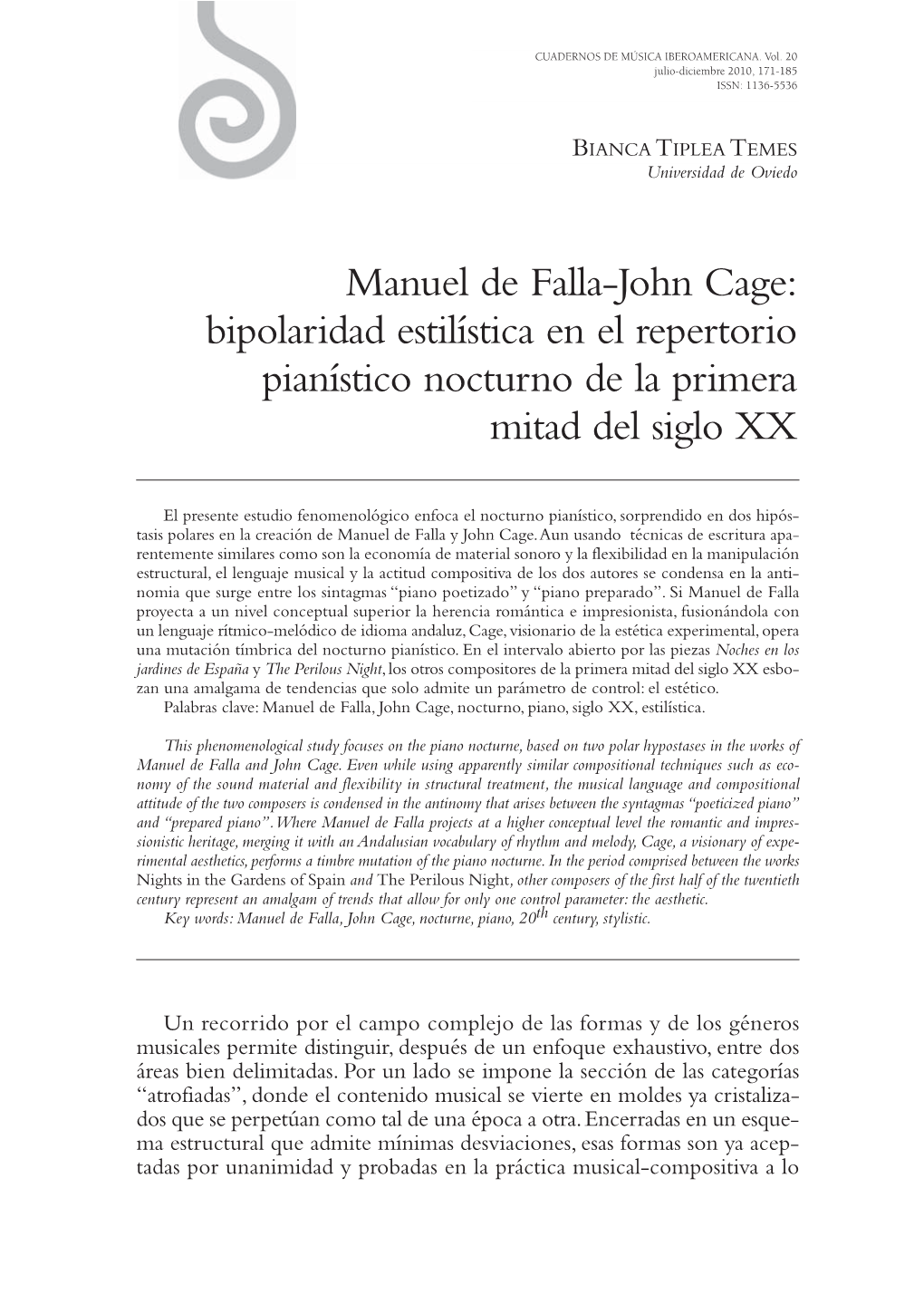 Manuel De Falla-John Cage: Bipolaridad Estilística En El Repertorio Pianístico Nocturno De La Primera Mitad Del Siglo XX