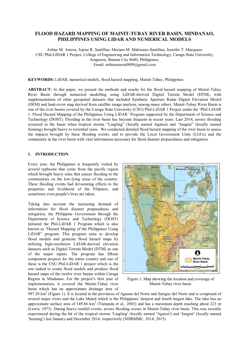 Flood Hazard Mapping of Mainit-Tubay River Basin, Mindanao, Philippines Using Lidar and Numerical Models