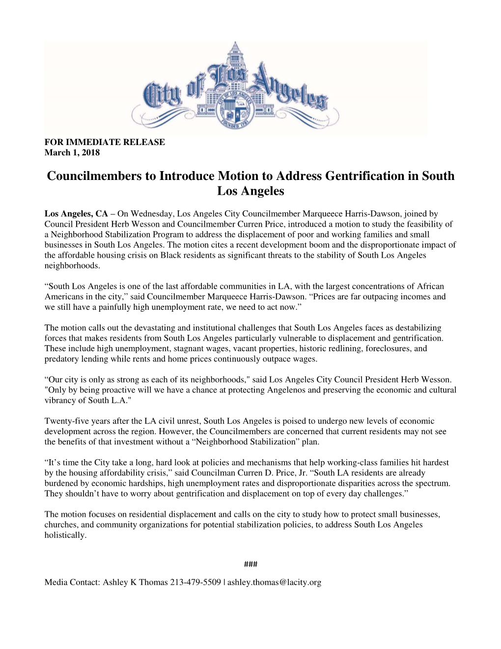 Councilmembers to Introduce Motion to Address Gentrification in South Los Angeles