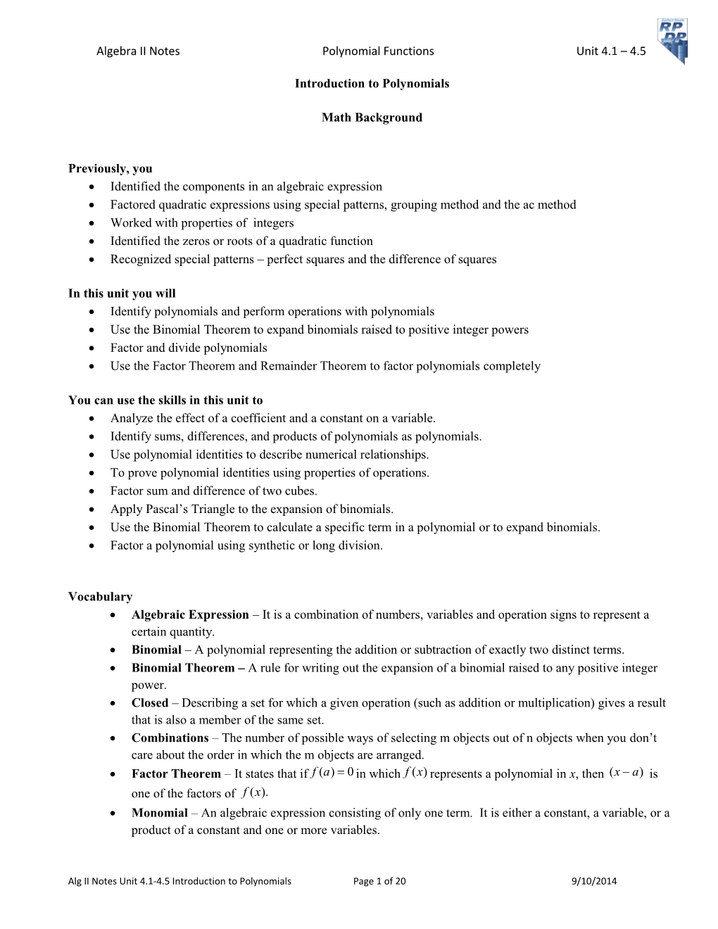 Algebra II Notes Polynomial Functions Unit 4.1 4.5