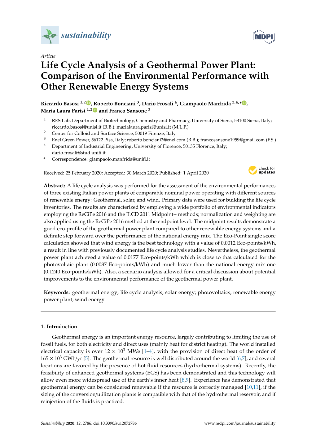 Life Cycle Analysis of a Geothermal Power Plant: Comparison of the Environmental Performance with Other Renewable Energy Systems