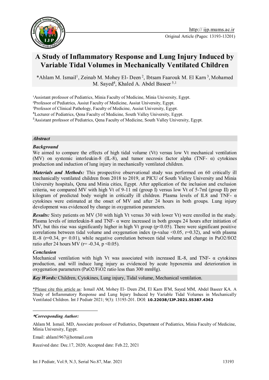 A Study of Inflammatory Response and Lung Injury Induced by Variable Tidal Volumes in Mechanically Ventilated Children