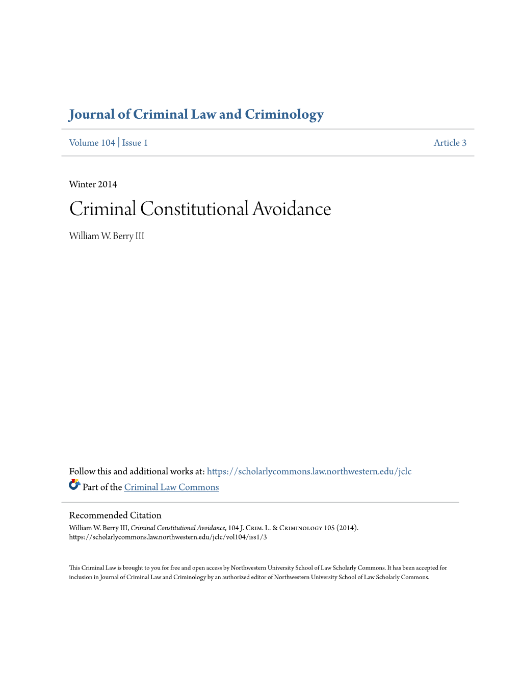 Criminal Constitutional Avoidance William W