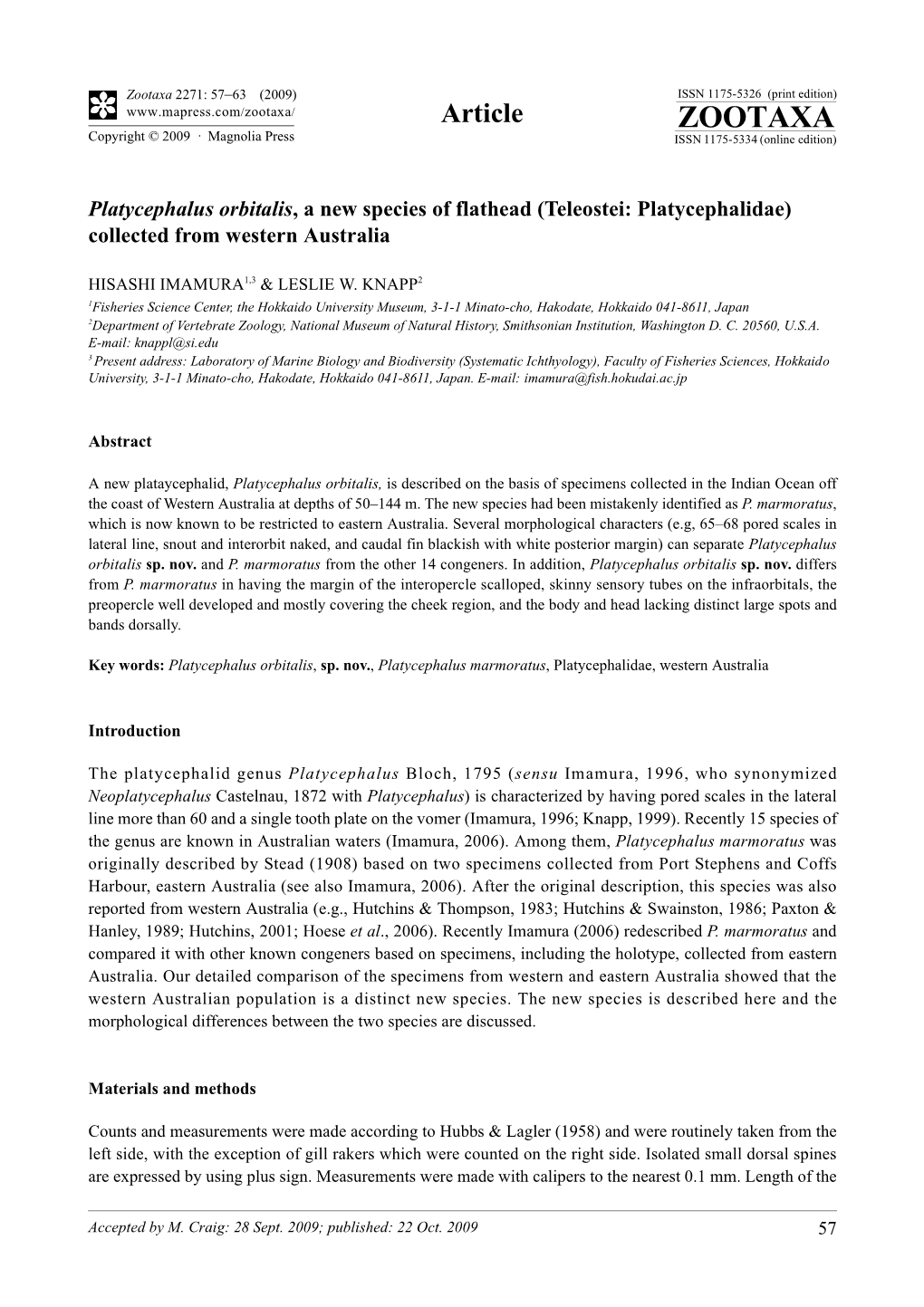 Zootaxa 2271: 57–63 (2009) ISSN 1175-5326 (Print Edition) Article ZOOTAXA Copyright © 2009 · Magnolia Press ISSN 1175-5334 (Online Edition)