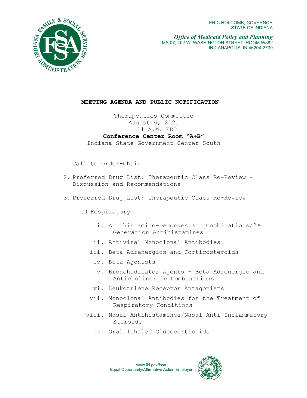 Therapeutics Committee Meeting Agenda, August 6, 2021