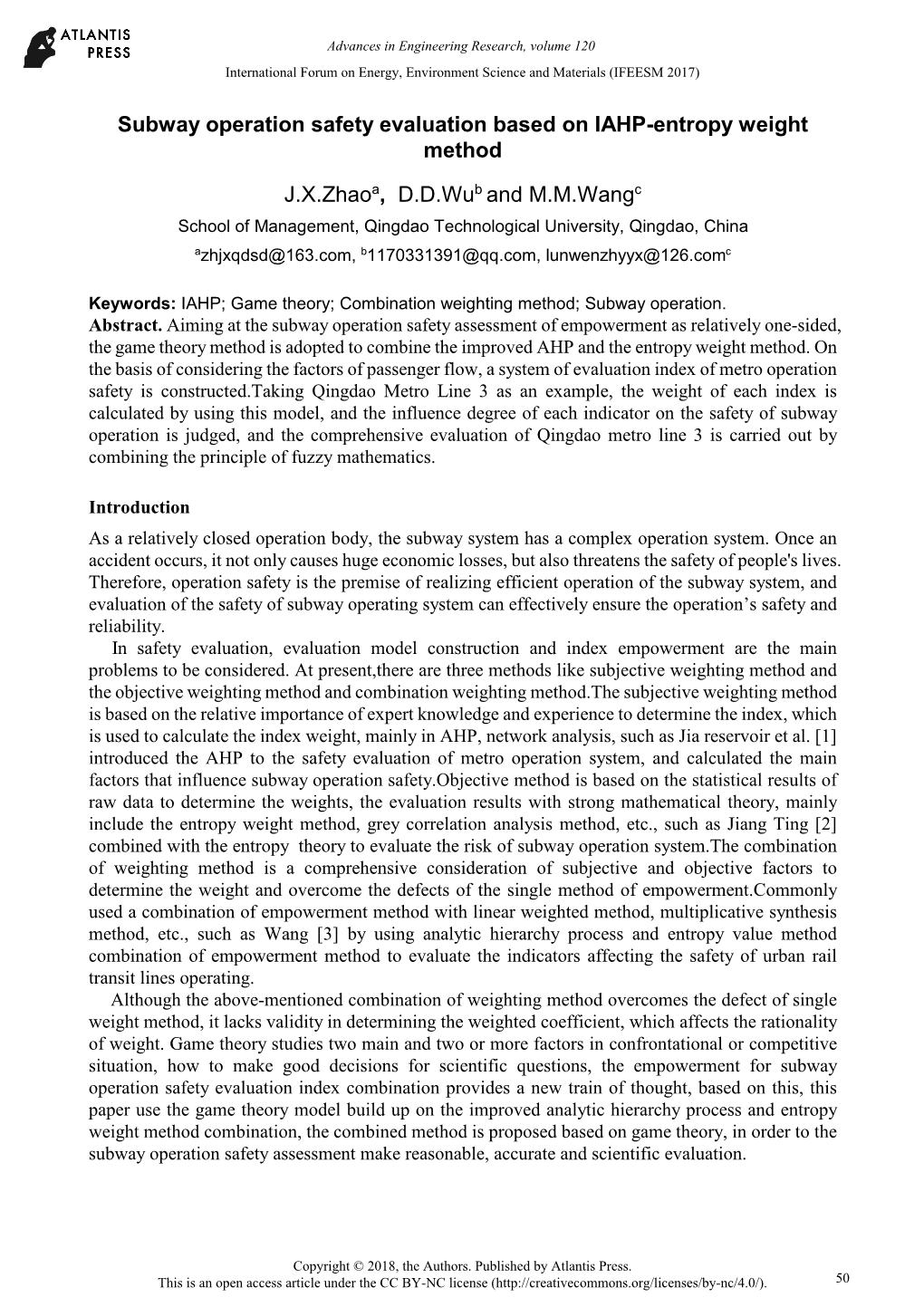 Subway Operation Safety Evaluation Based on IAHP-Entropy Weight Method