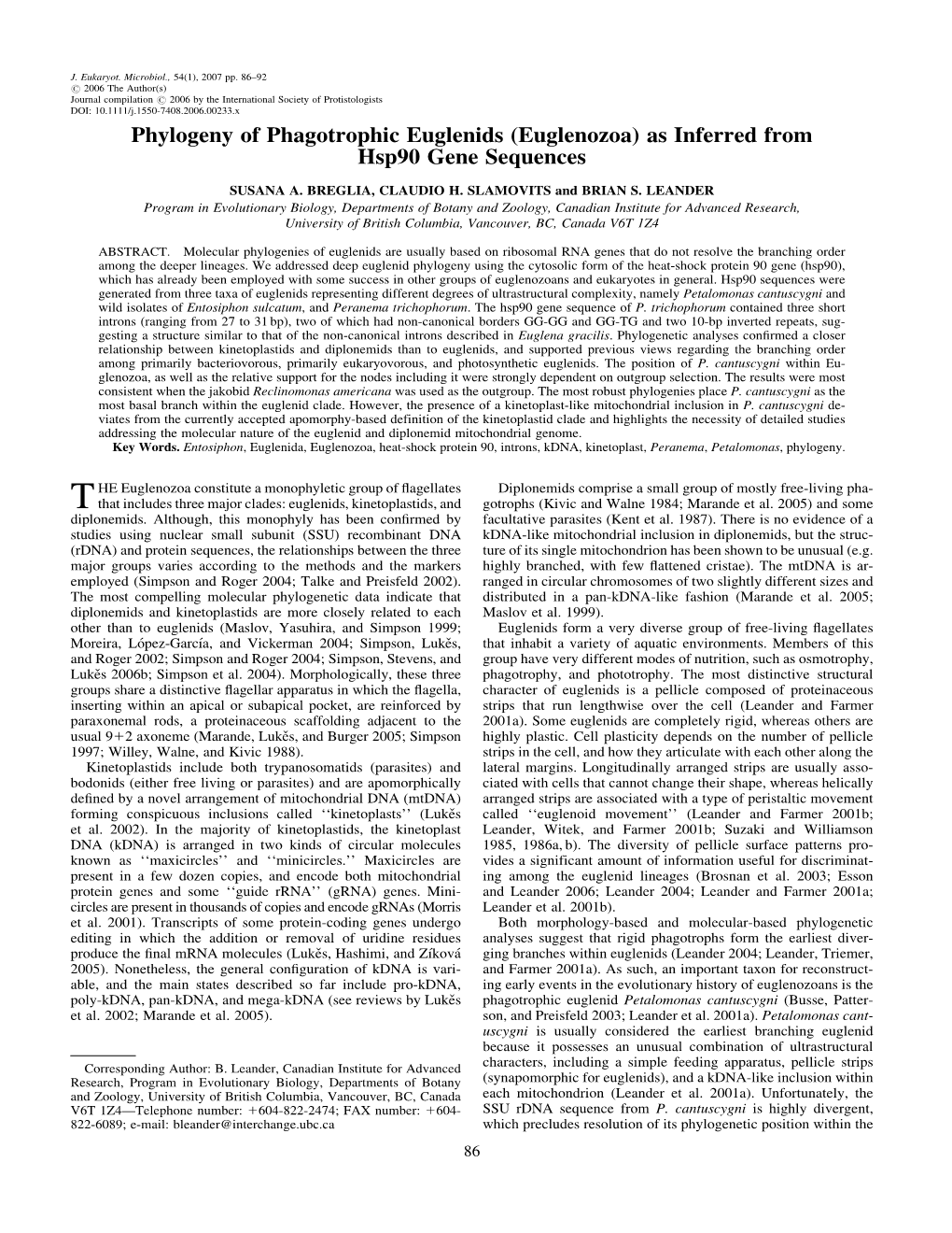 Euglenozoa) As Inferred from Hsp90 Gene Sequences