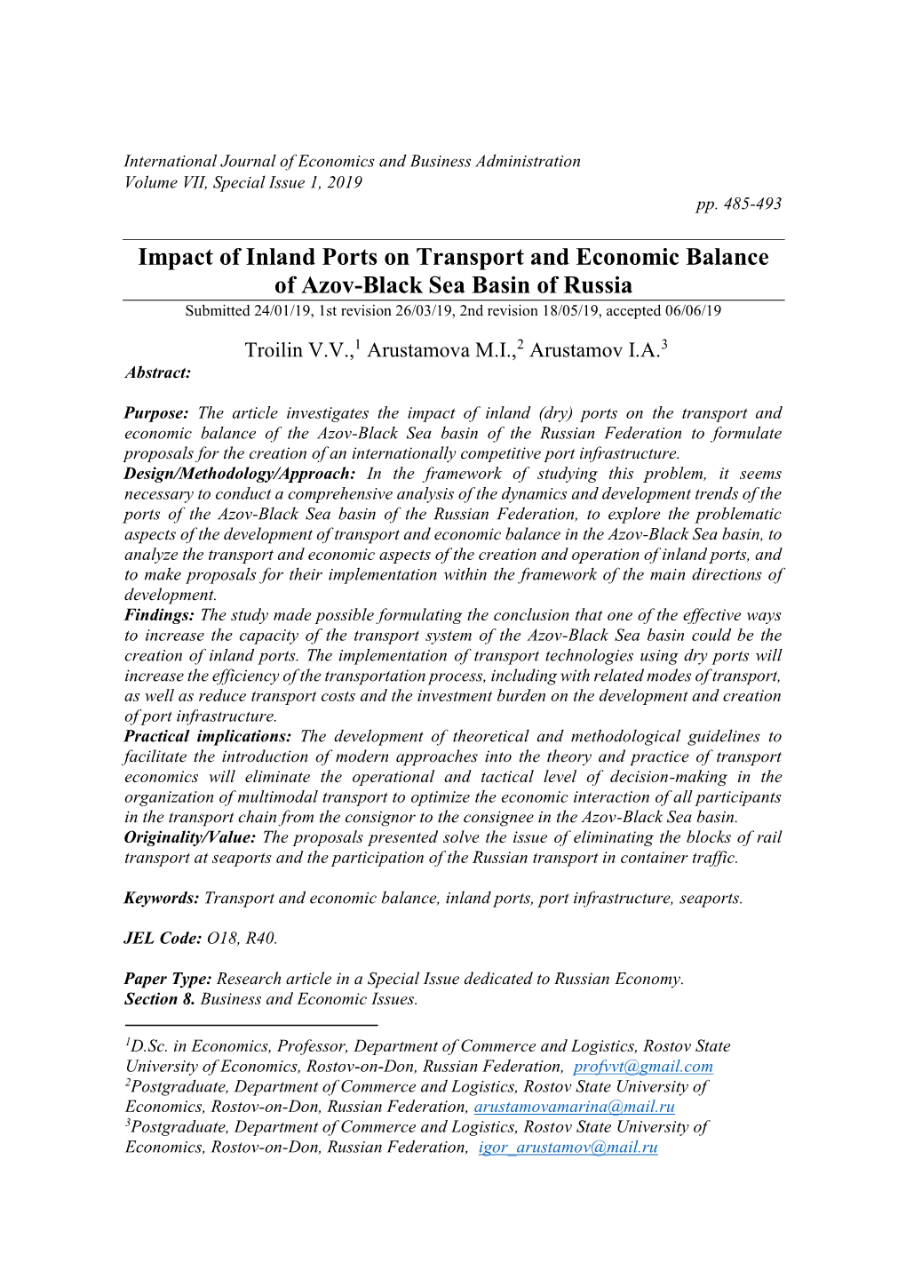 Impact of Inland Ports on Transport and Economic Balance of Azov