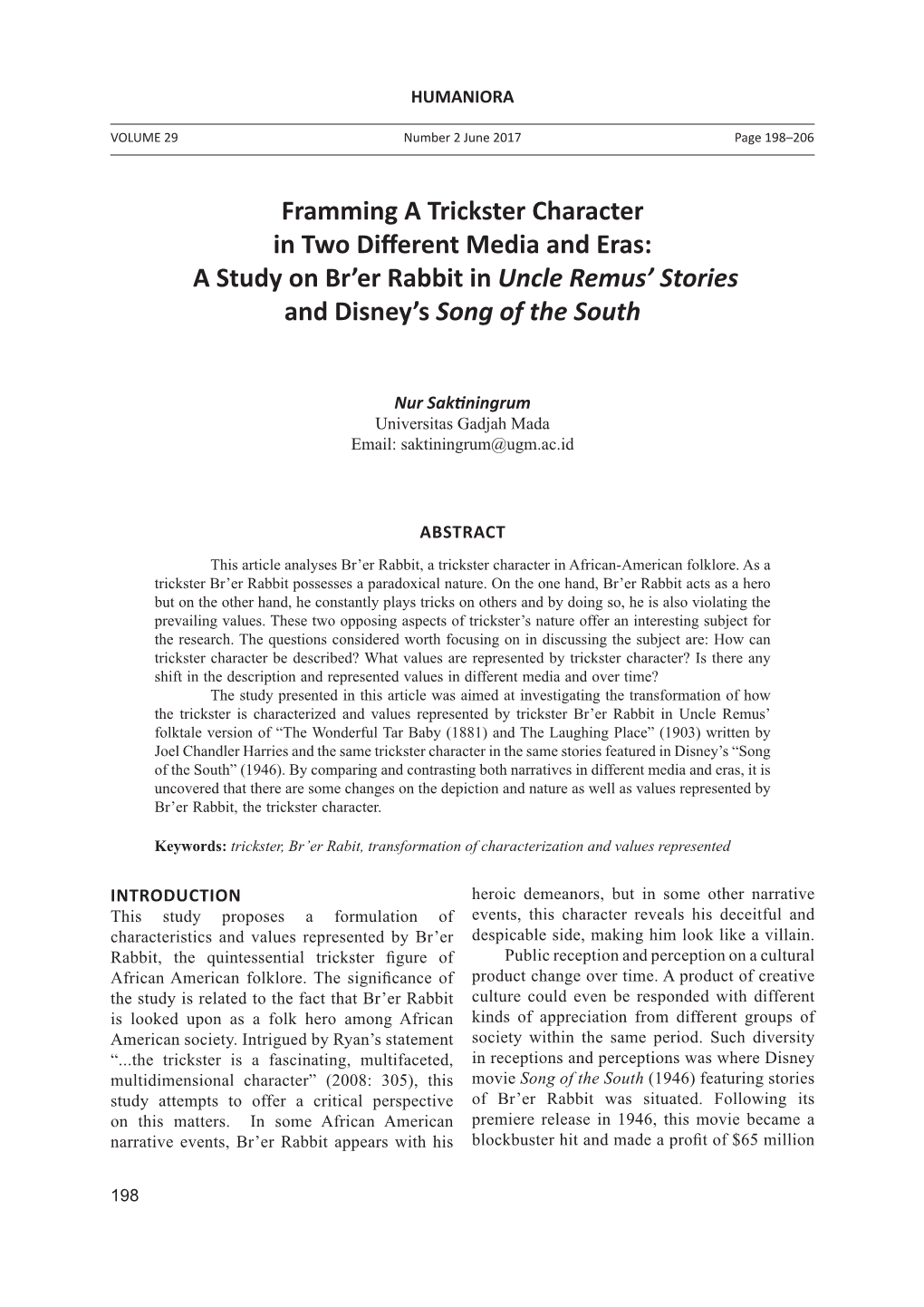 Framming a Trickster Character in Two Different Media and Eras: a Study on Br’Er Rabbit in Uncle Remus’ Stories and Disney’S Song of the South