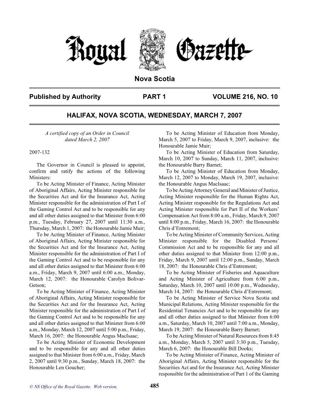 NS Royal Gazette Part I