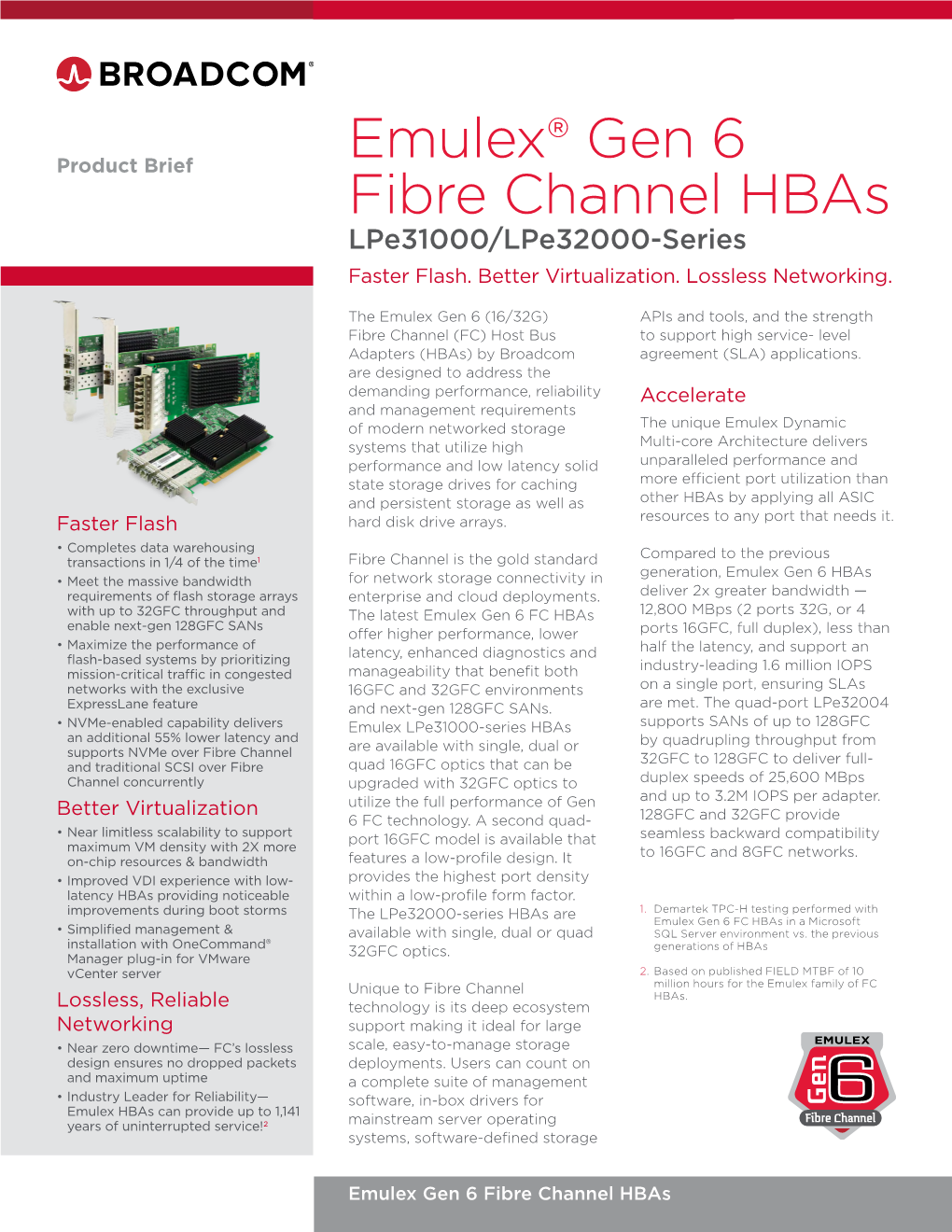 Emulex® Gen 6 Fibre Channel Hbas Lpe31000/Lpe32000-Series Faster Flash