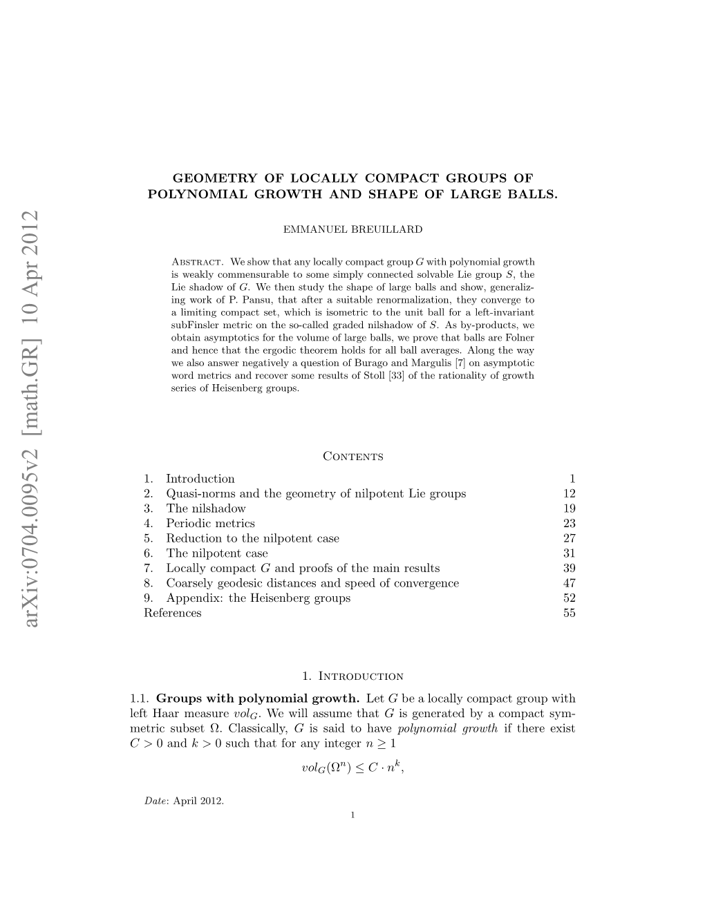 Arxiv:0704.0095V2 [Math.GR] 10 Apr 2012 > C Ercsbe Ω Subset Metric Etha Measure Haar Left 1.1