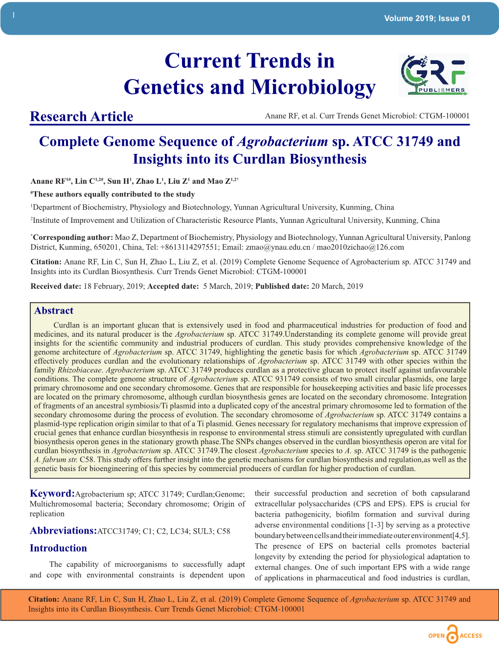 Current Trends in Genetics and Microbiology Research Article Anane RF, Et Al