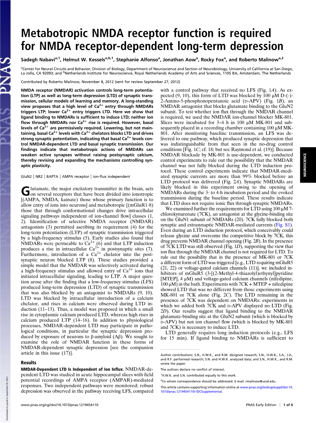 Metabotropic NMDA Receptor Function Is Required for NMDA Receptor-Dependent Long-Term Depression