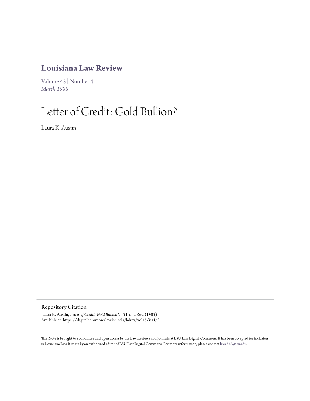 Letter of Credit: Gold Bullion? Laura K