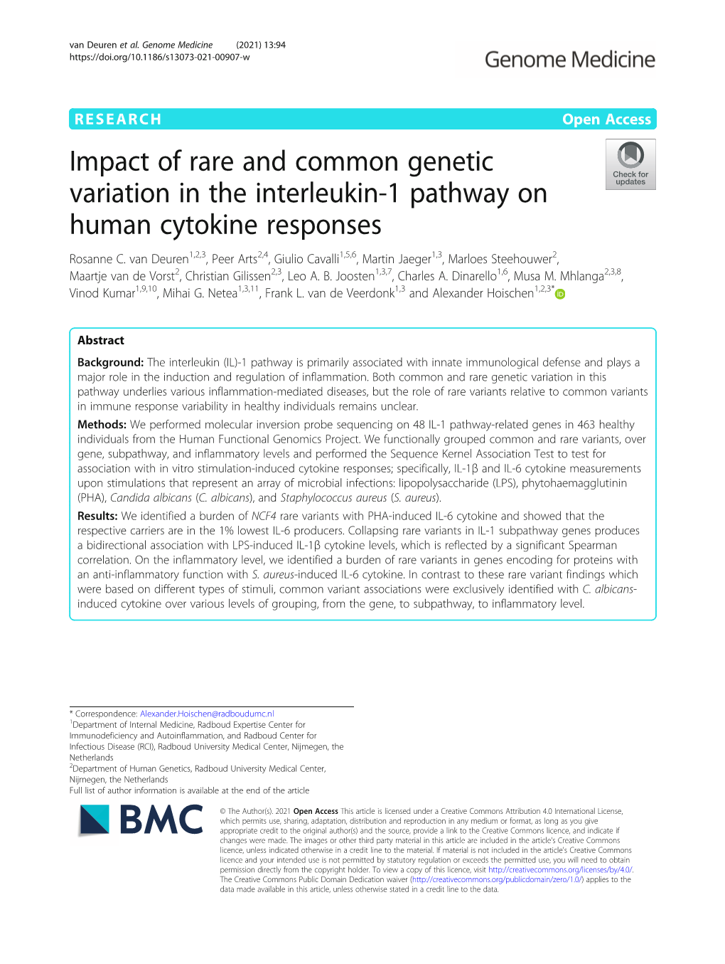 Impact of Rare and Common Genetic Variation in the Interleukin-1 Pathway on Human Cytokine Responses Rosanne C