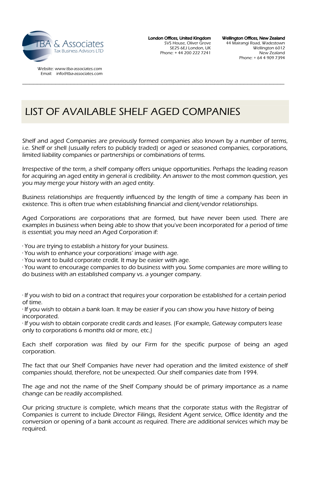 List of Available Shelf Aged Companies