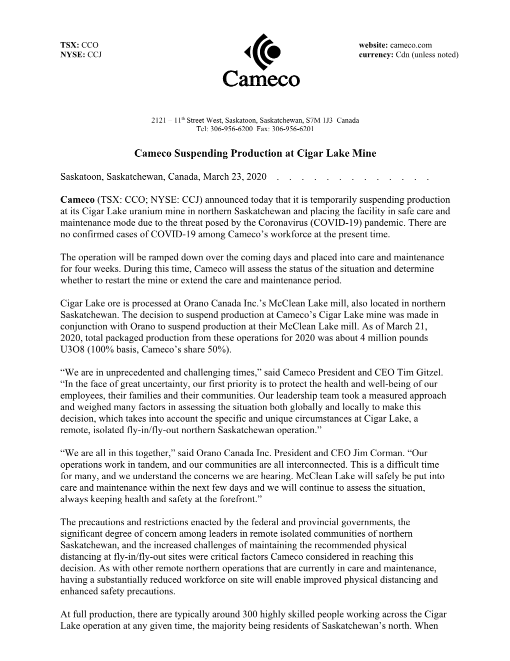 Cameco Suspending Production at Cigar Lake Mine