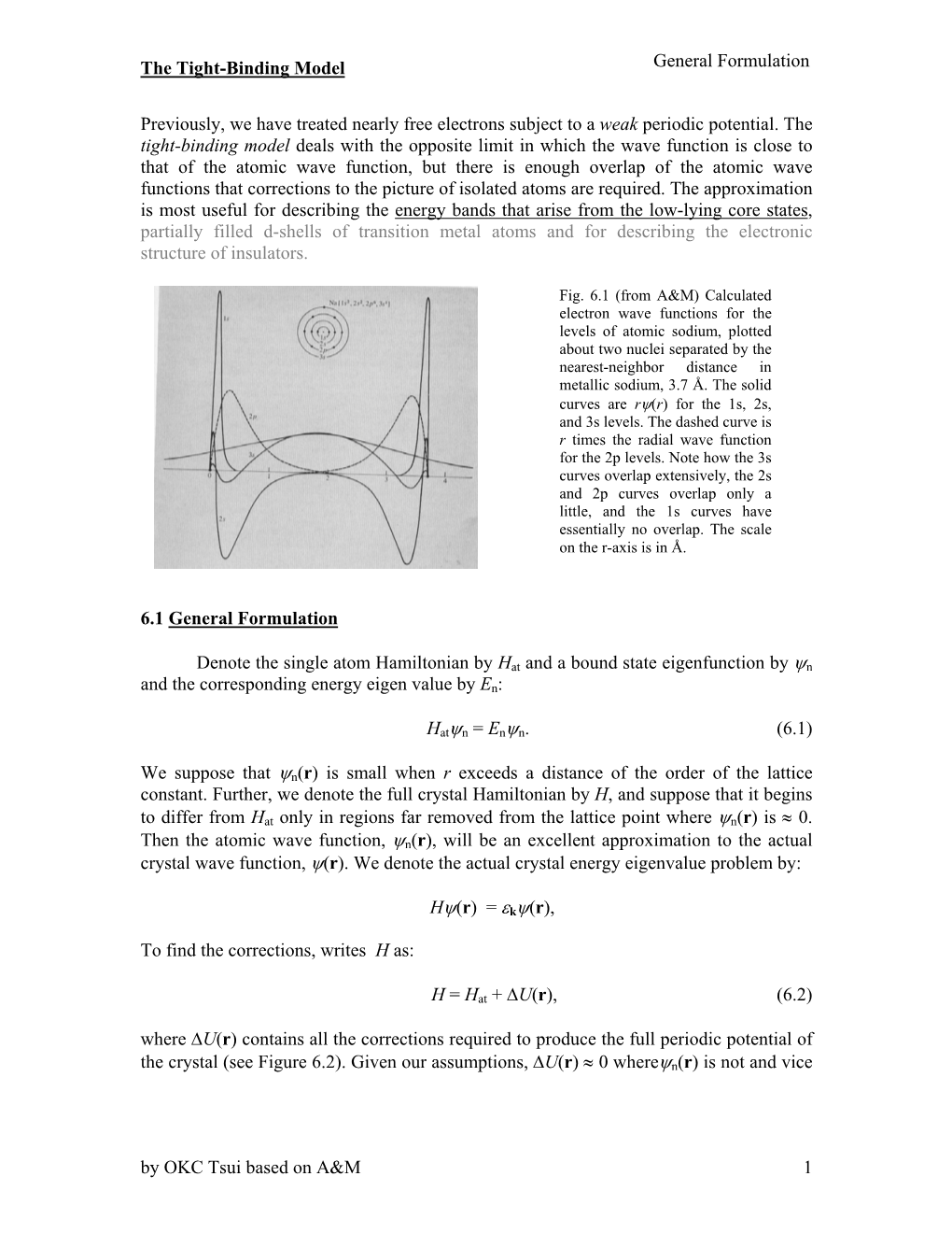 The Tight-Binding Model by OKC Tsui Based on A&M 1 Previously, We