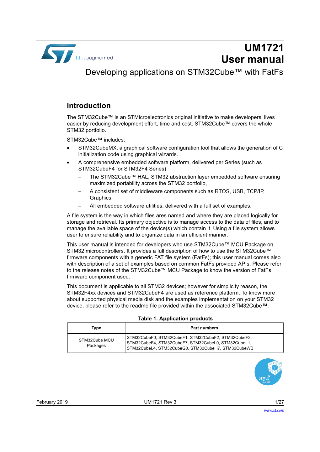 UM1721 User Manual Developing Applications on Stm32cube™ with Fatfs