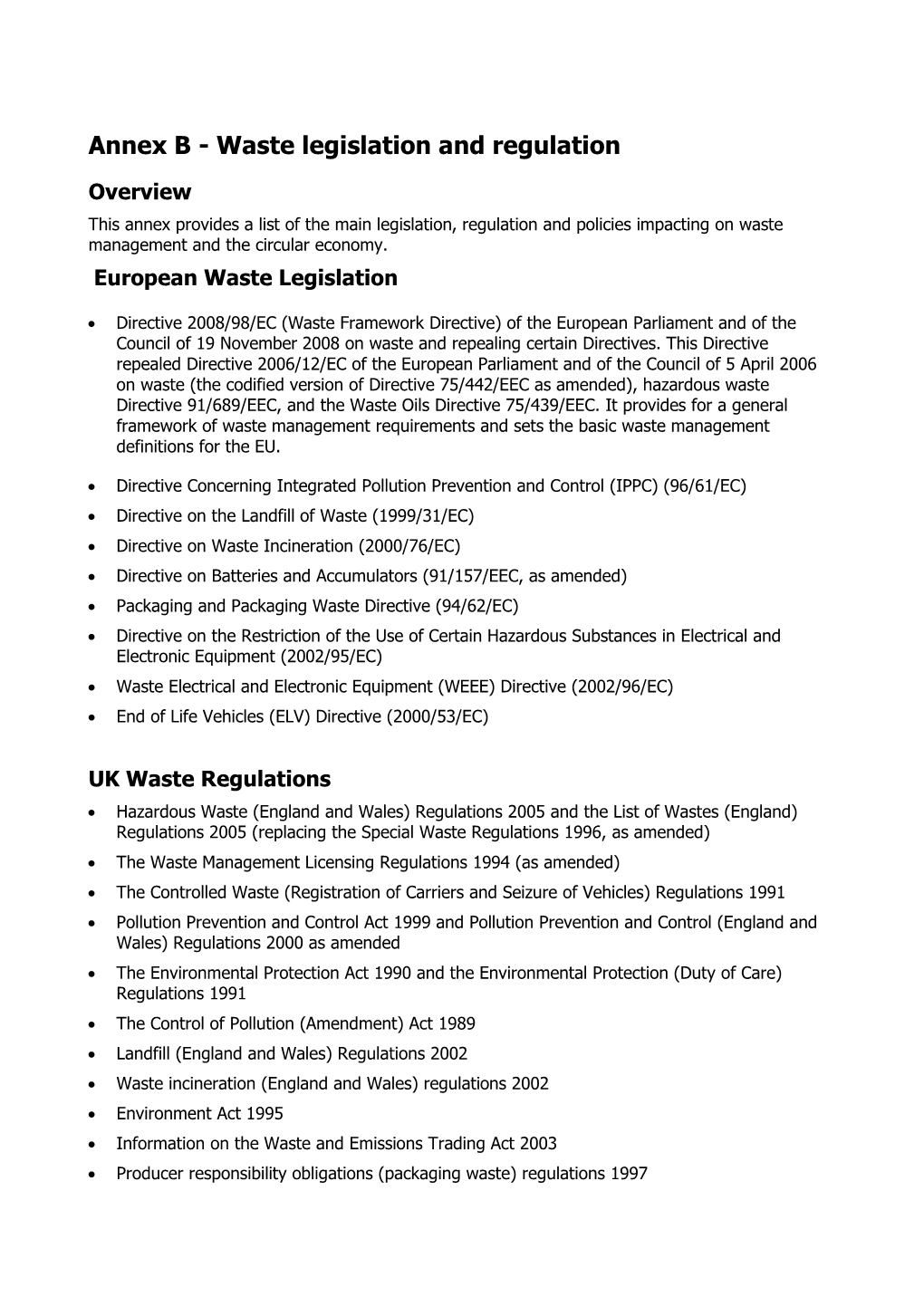 Annex B - Waste Legislation and Regulation