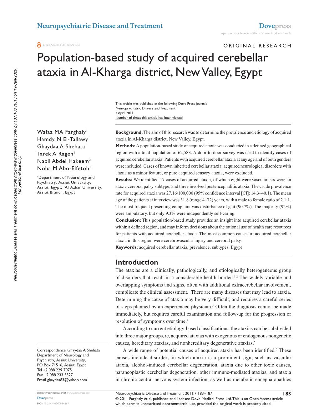 Population-Based Study of Acquired Cerebellar Ataxia in Al-Kharga District, New Valley, Egypt