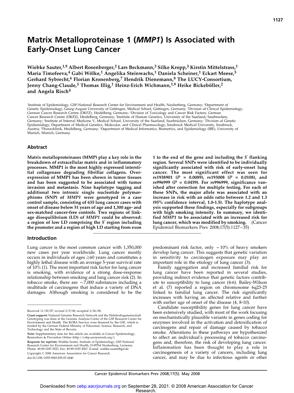 Matrix Metalloproteinase 1 (MMP1) Is Associated with Early-Onset Lung Cancer