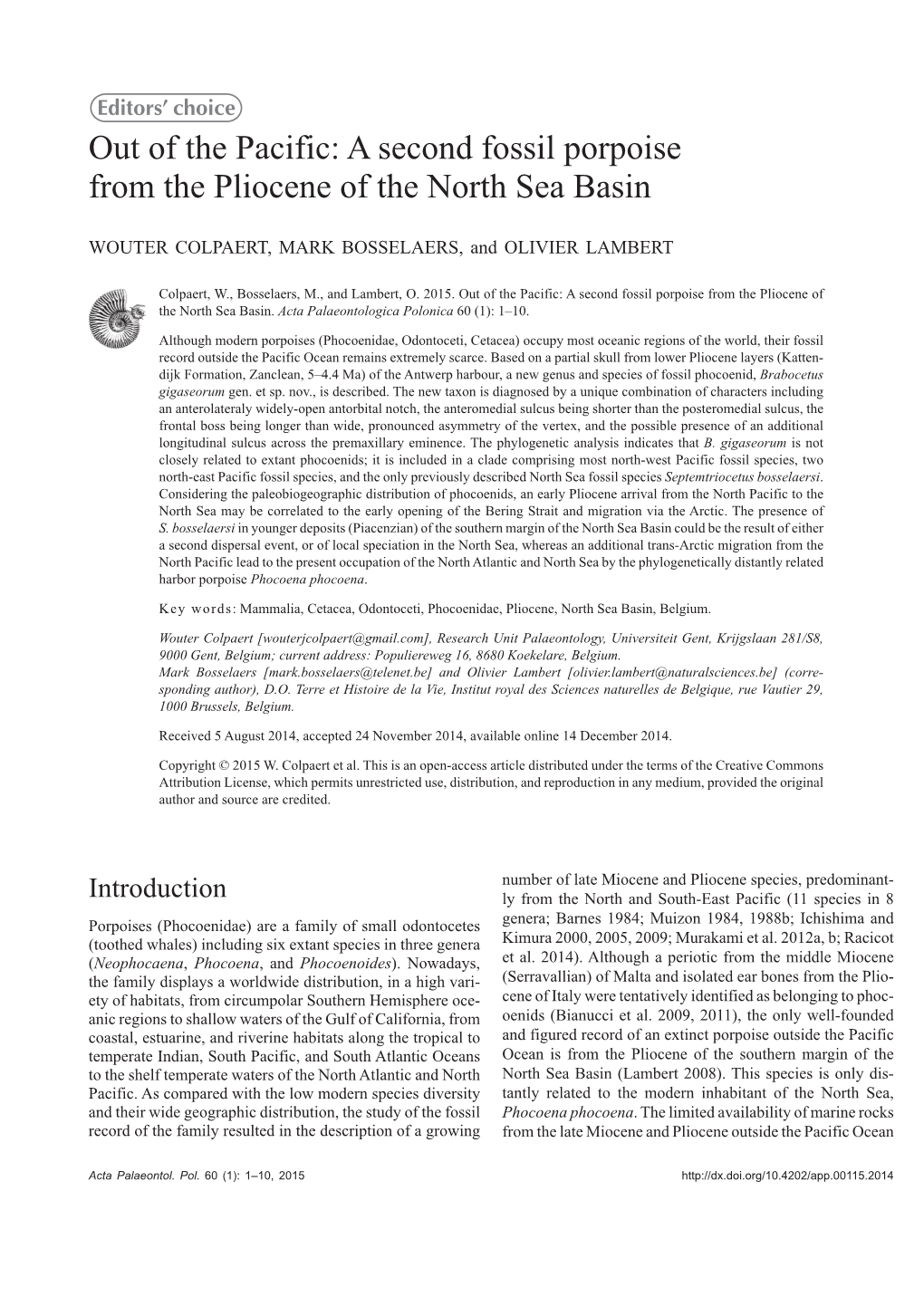 A Second Fossil Porpoise from the Pliocene of the North Sea Basin