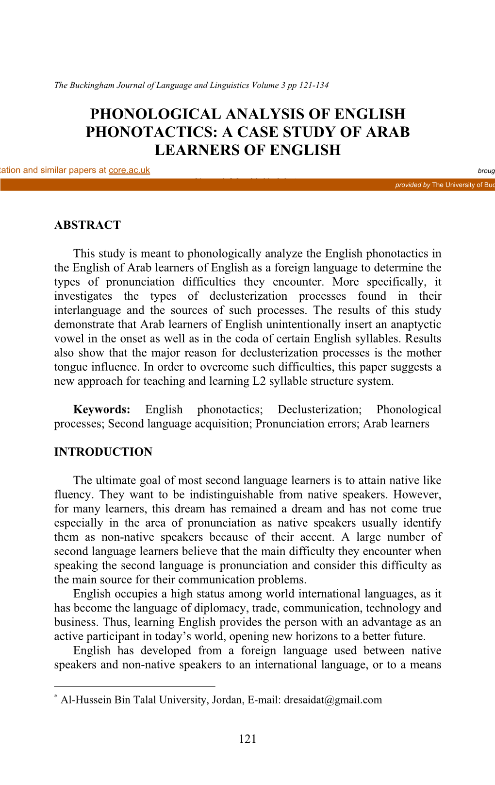 Phonological Analysis of English Phonotactics: a Case Study of Arab Learners of English