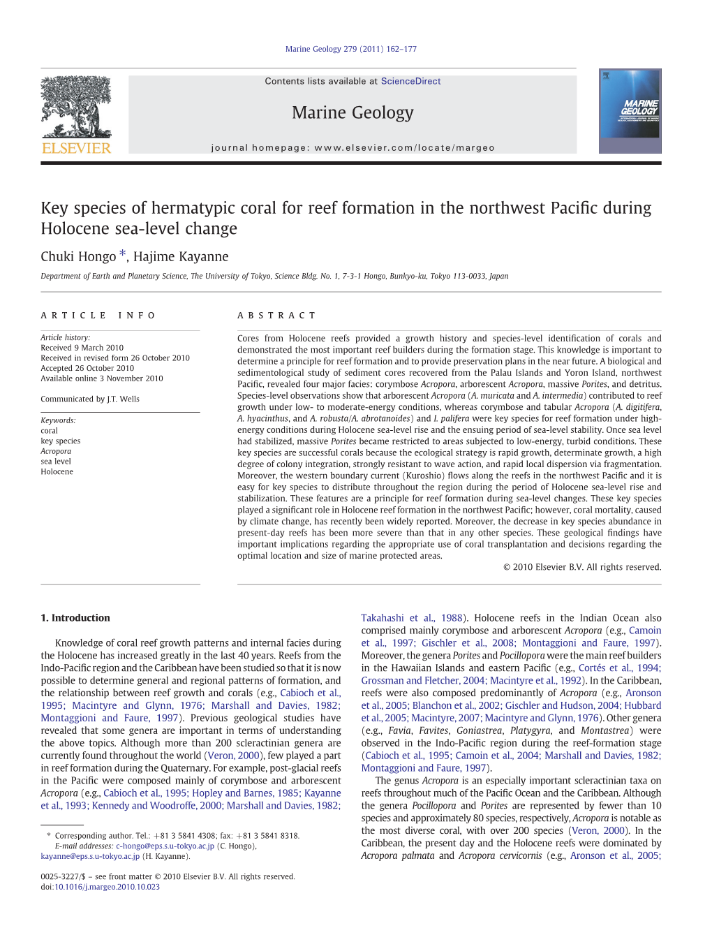 Key Species of Hermatypic Coral for Reef Formation in the Northwest Paciﬁc During Holocene Sea-Level Change