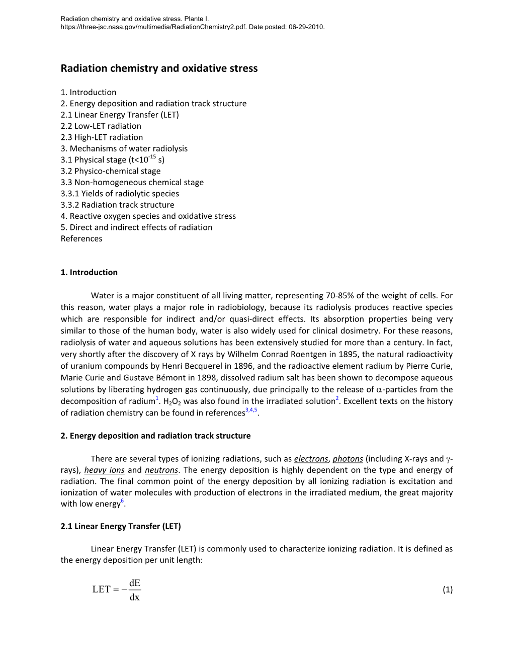 Radiation Chemistry and Oxidative Stress. Plante I