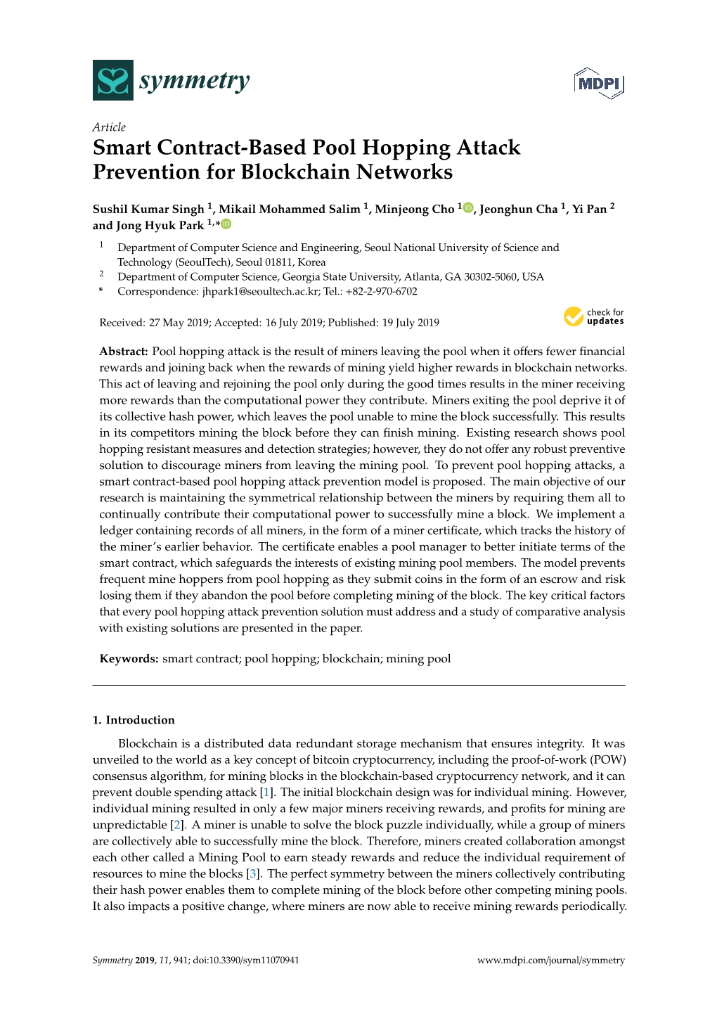 Smart Contract-Based Pool Hopping Attack Prevention for Blockchain Networks