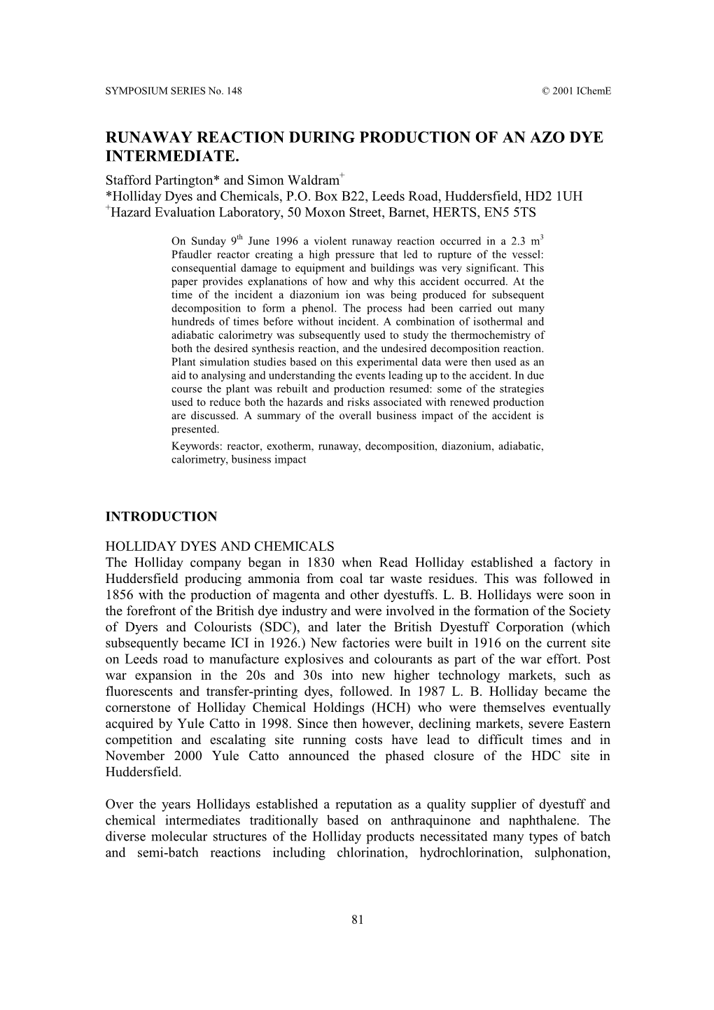 Runaway Reaction During Production of an Azo Dye Intermediate