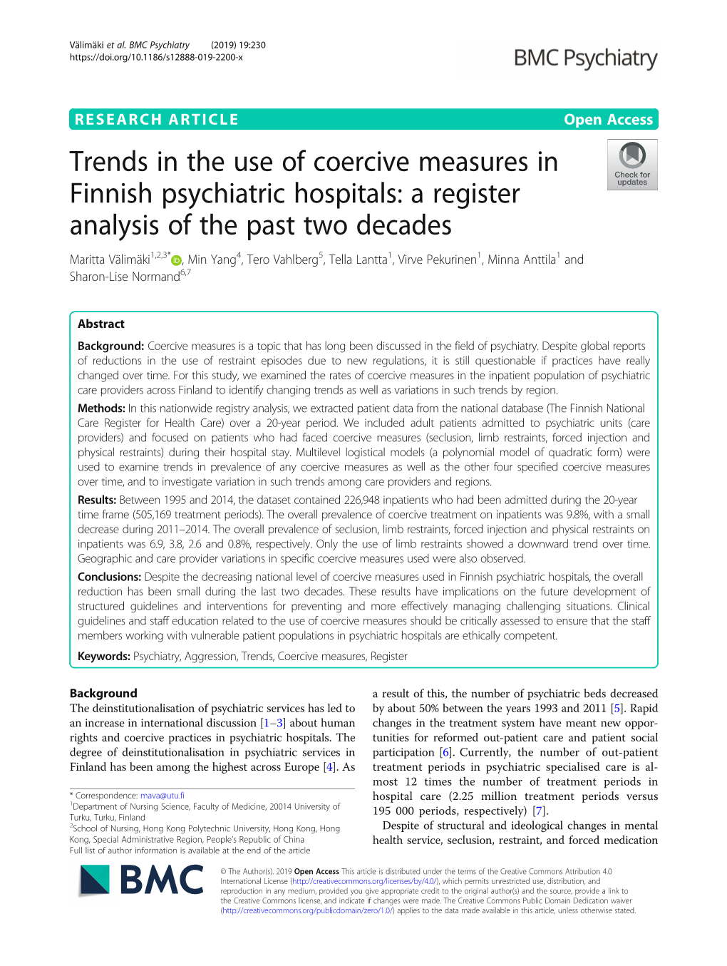 Trends in the Use of Coercive Measures in Finnish Psychiatric Hospitals