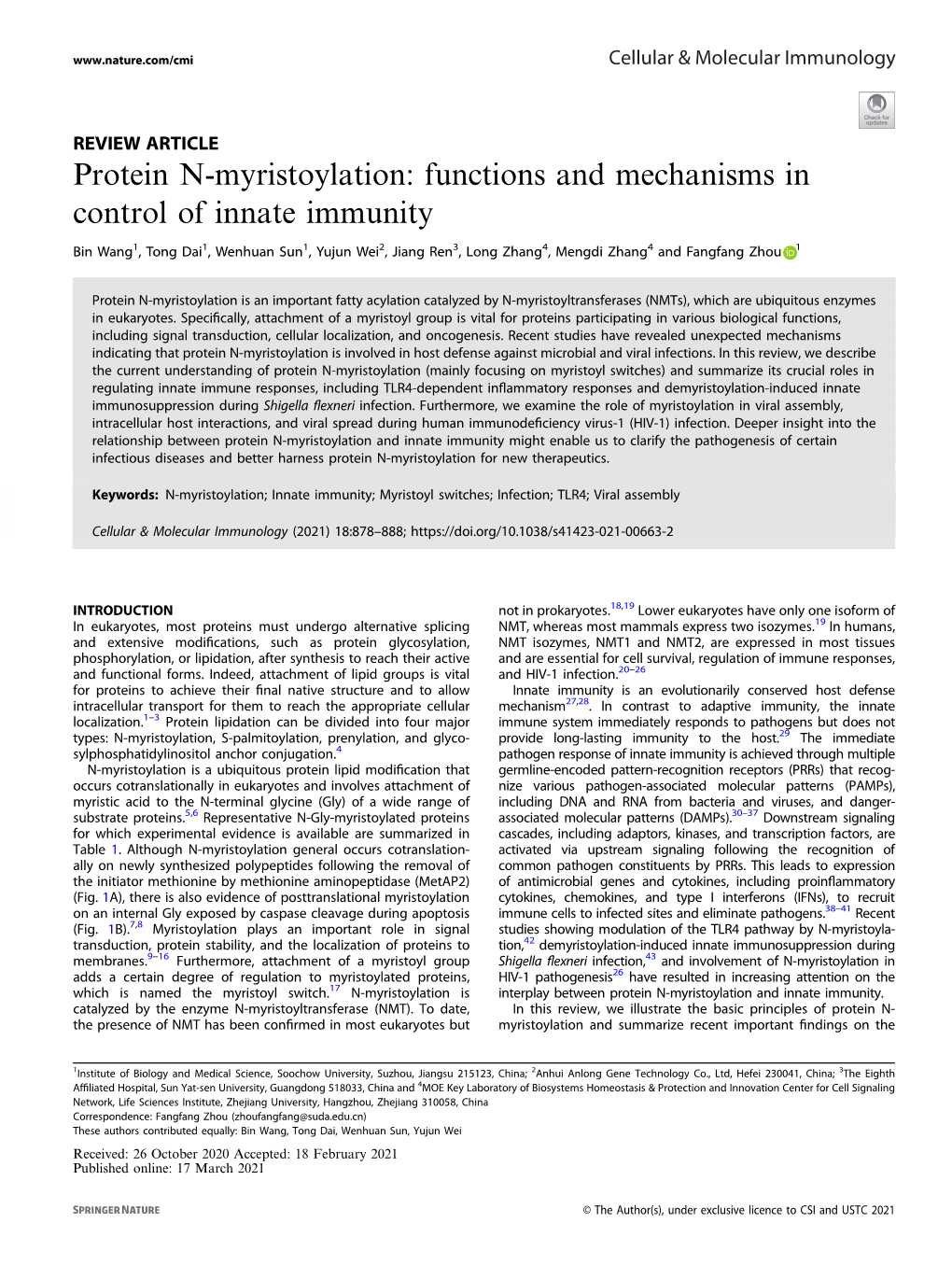 Protein N-Myristoylation: Functions and Mechanisms in Control of Innate Immunity