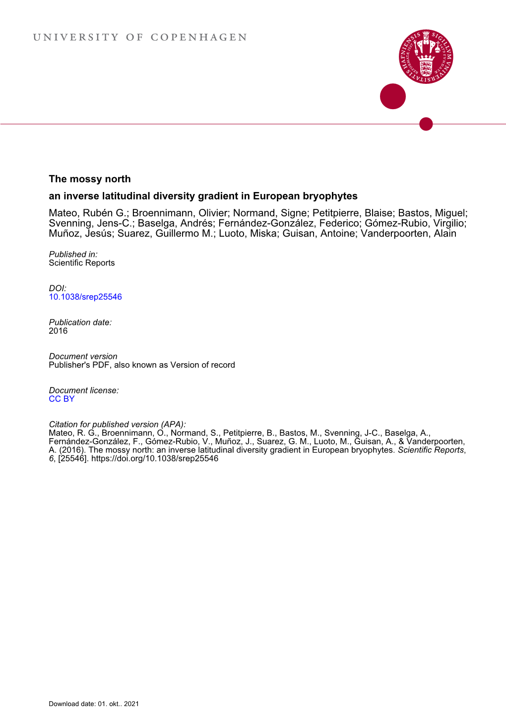 An Inverse Latitudinal Diversity Gradient in European Bryophytes