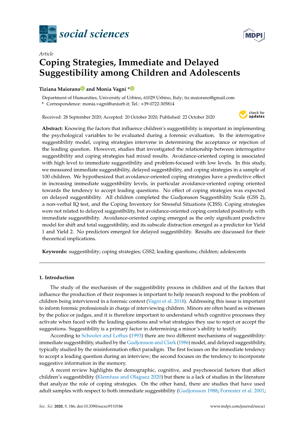 Coping Strategies, Immediate and Delayed Suggestibility Among Children and Adolescents