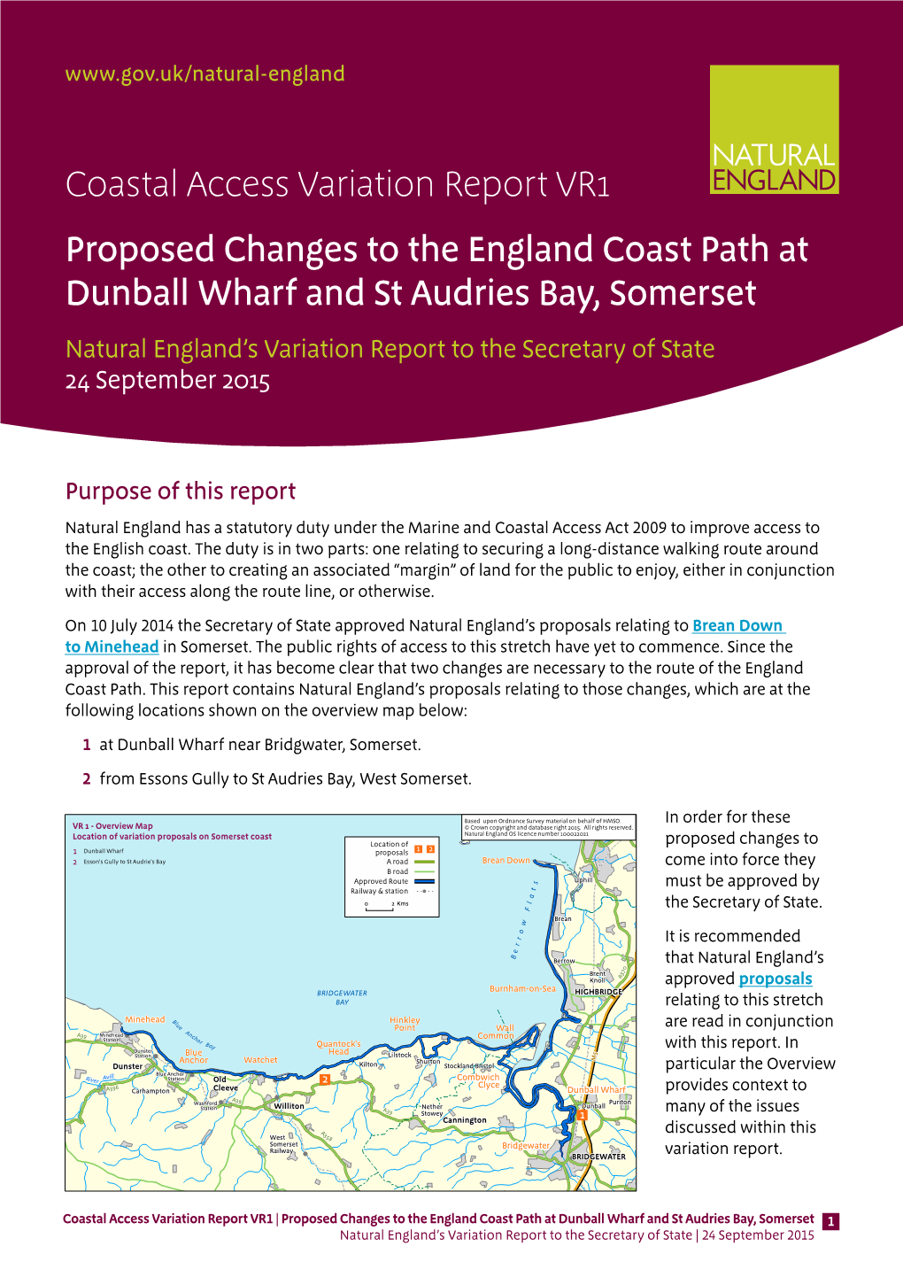 Coastal Access Variation Report VR1 Proposed Changes to the England Coast Path at Dunball Wharf and St Audries Bay, Somerset